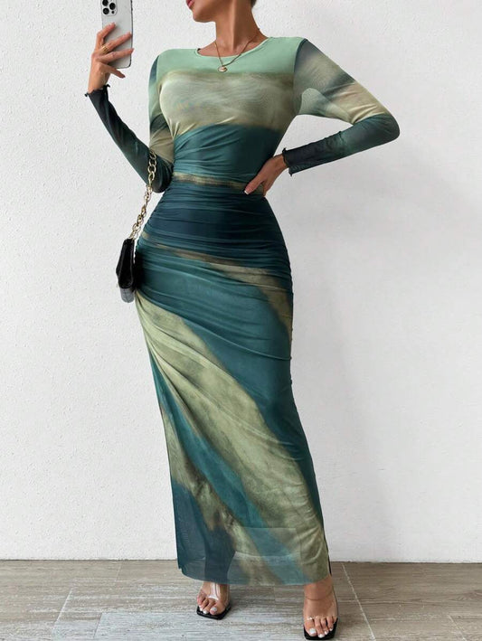 TORINA™ - Comfy Printed Long Sleeve Round Neck Bodycon Maxi Dress